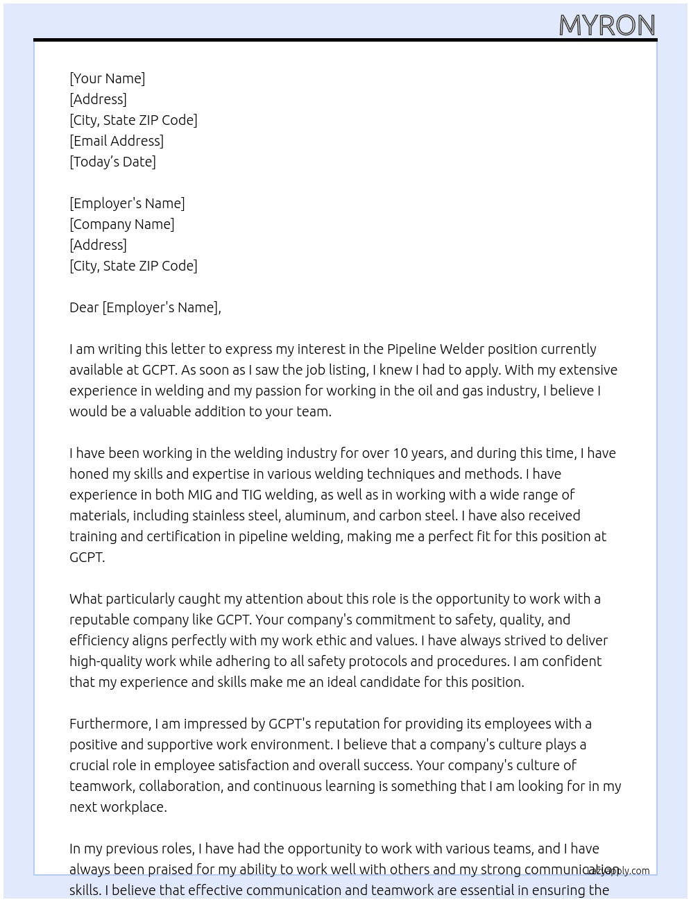 Pipeline Welder At GCPT Cover Letter