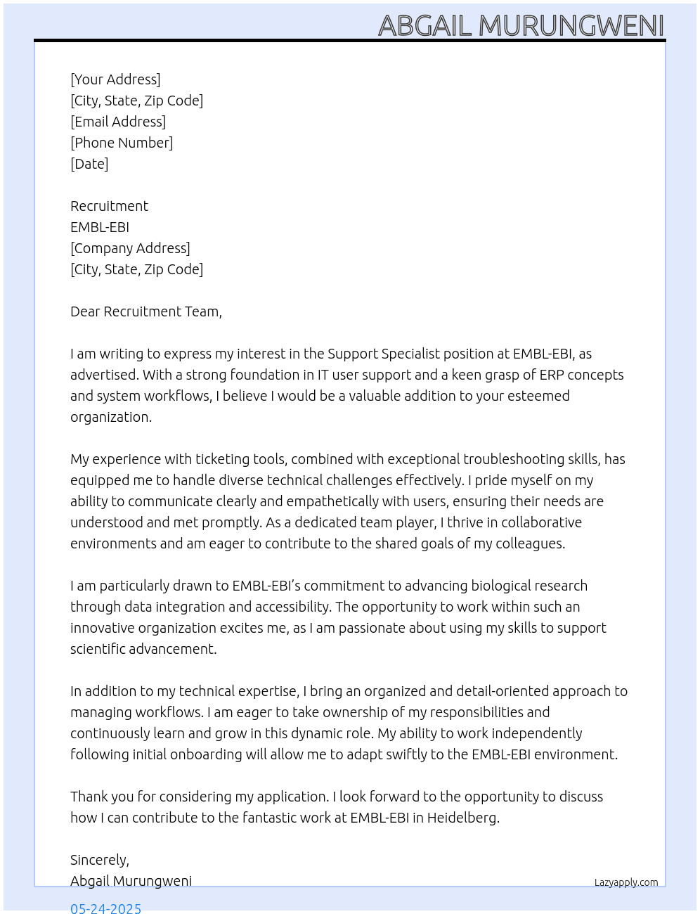 Support Specialist At EMBL-EBI Cover Letter