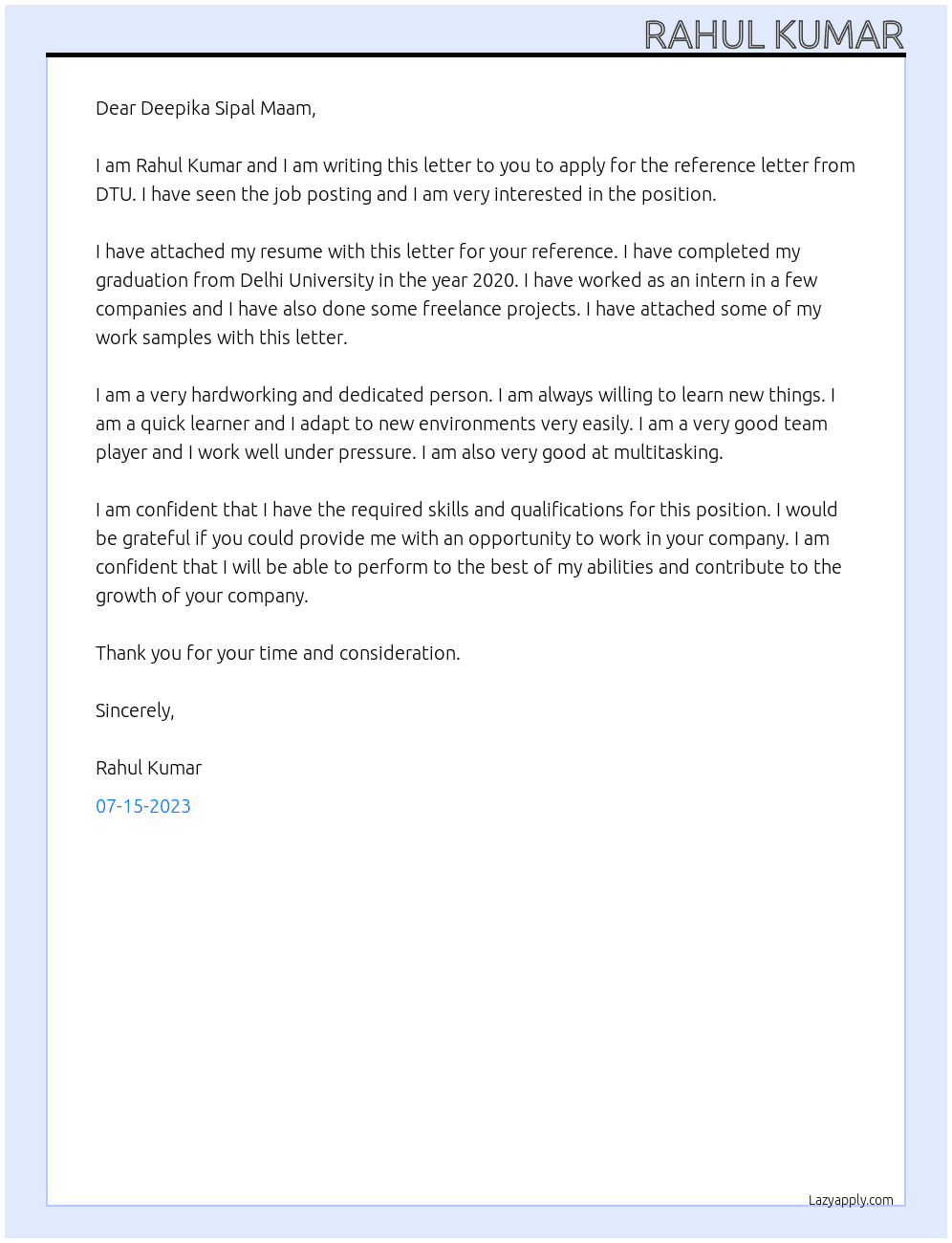 Reference letter At DTU Cover Letter