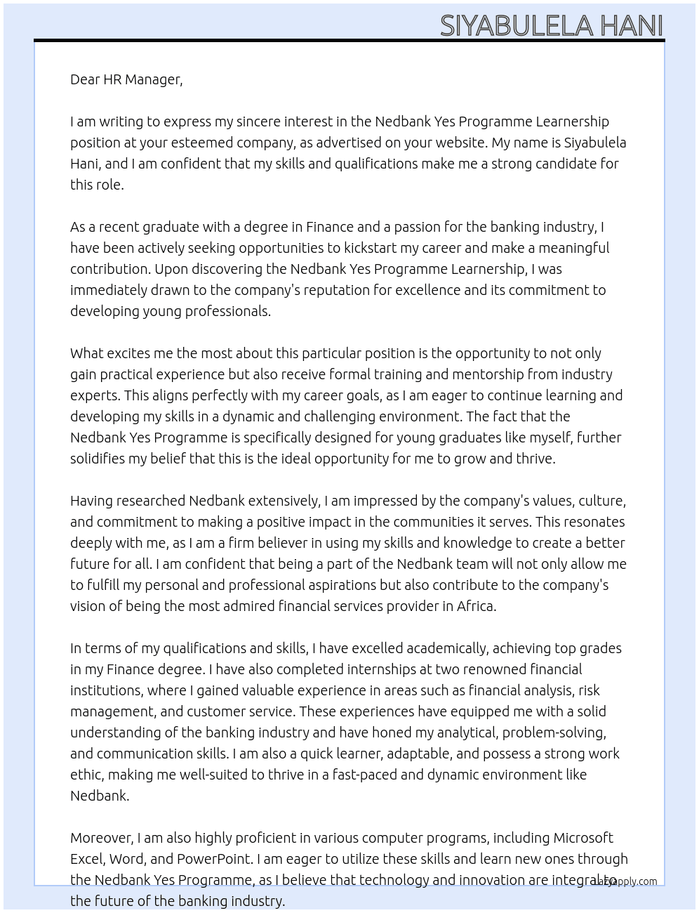 Cover letter for nedbank yes programme learnership - LazyApply
