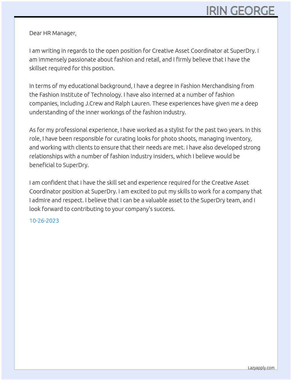 Creative Asset Coordinator At SuperDry Cover Letter