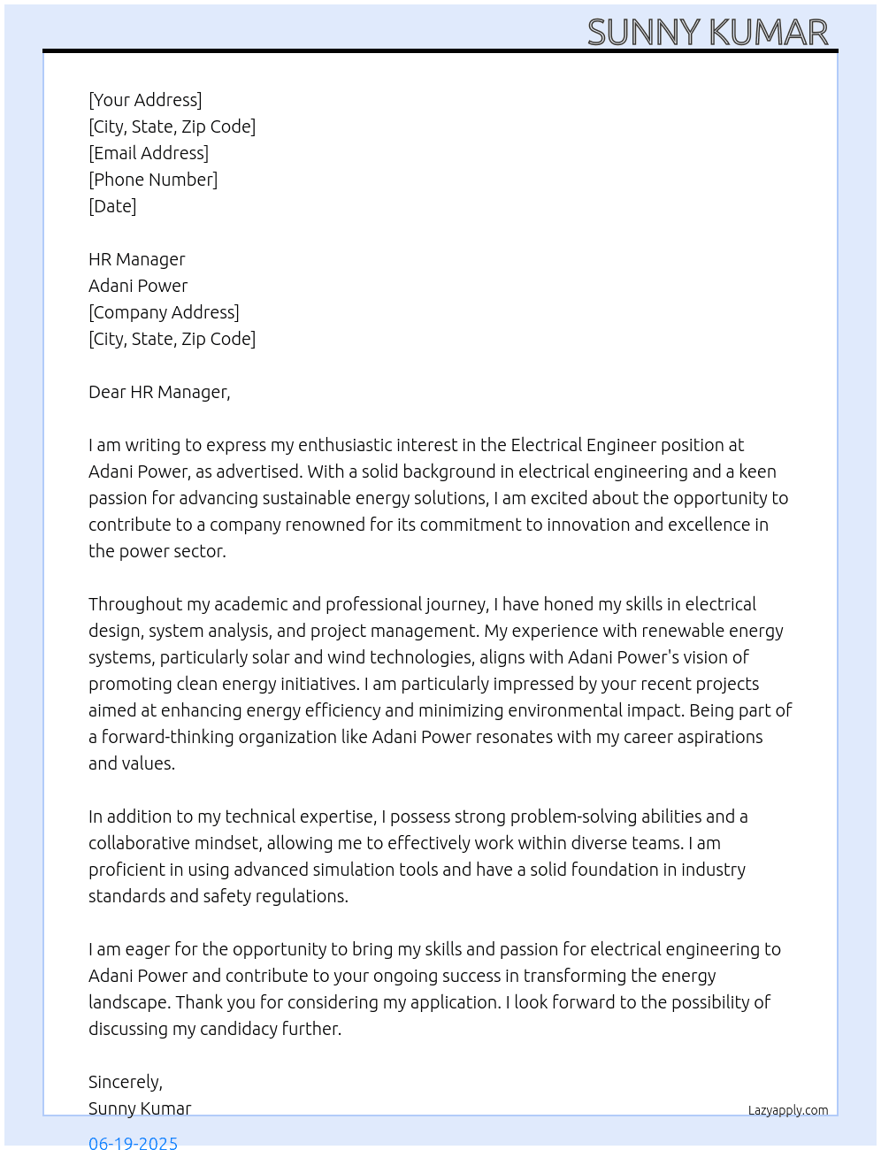 Electrical engineer At Adani power Cover Letter