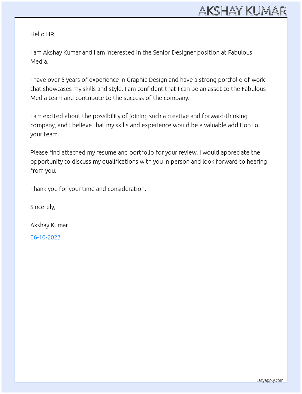 Senior Designer At Fabulous Media Cover Letter