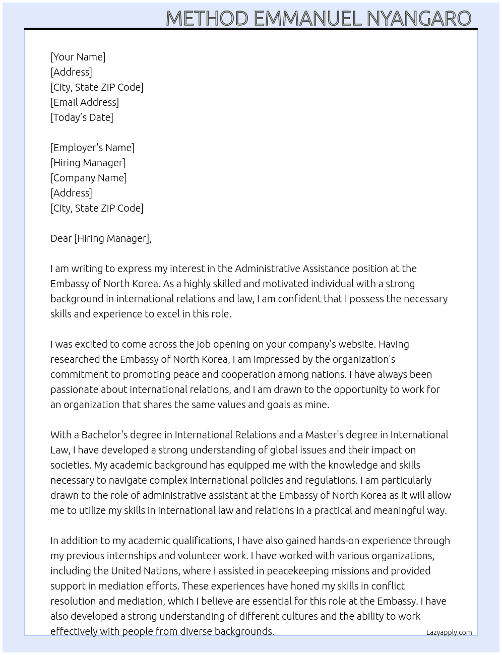 Administrative Assistance   At Embassy of North  Korea Cover Letter