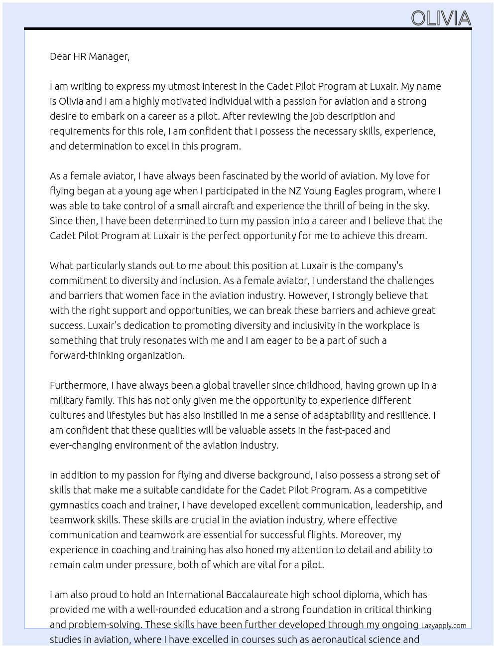 Cadet Pilot Program At Luxair Cover Letter