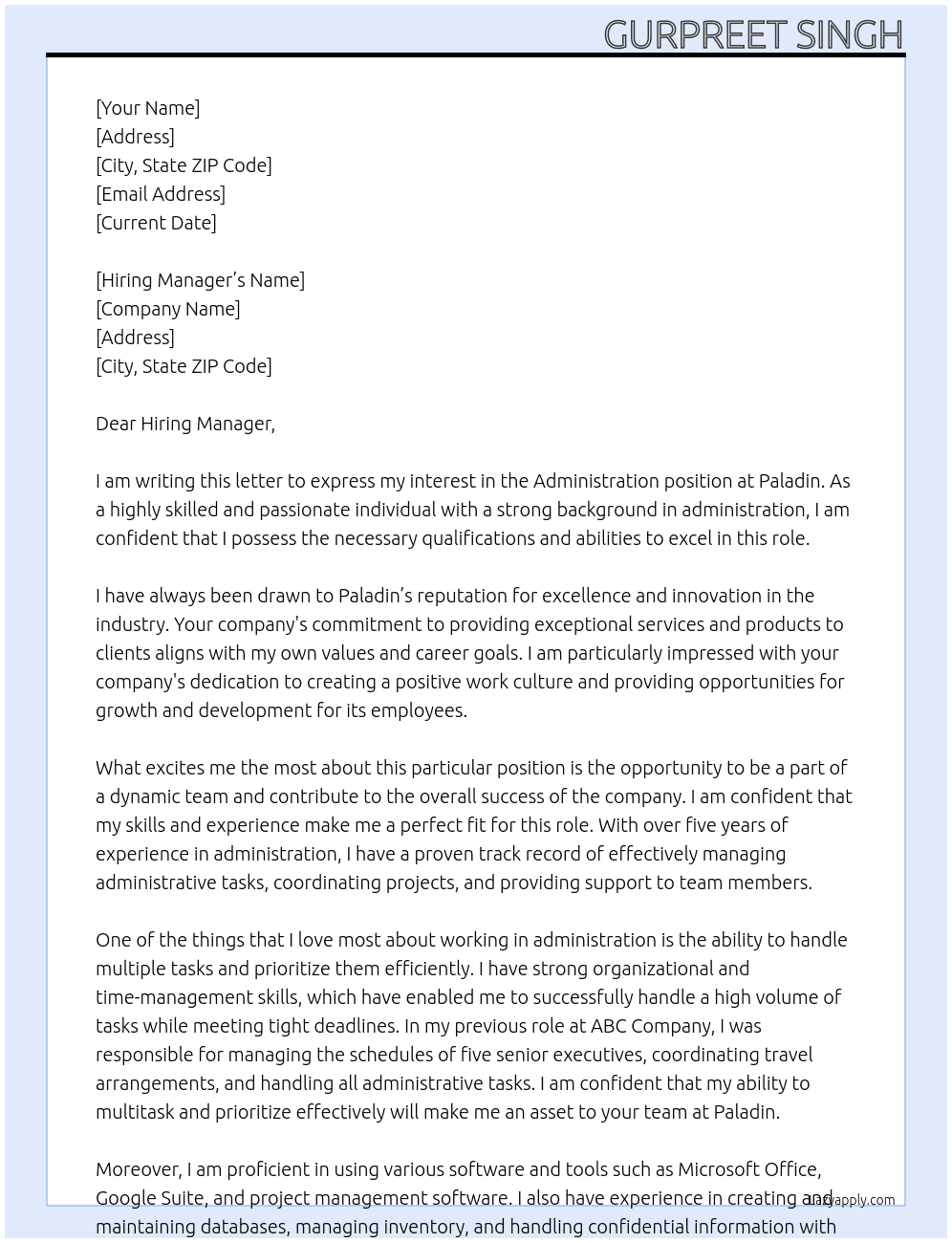 Administration  At Paladin Cover Letter