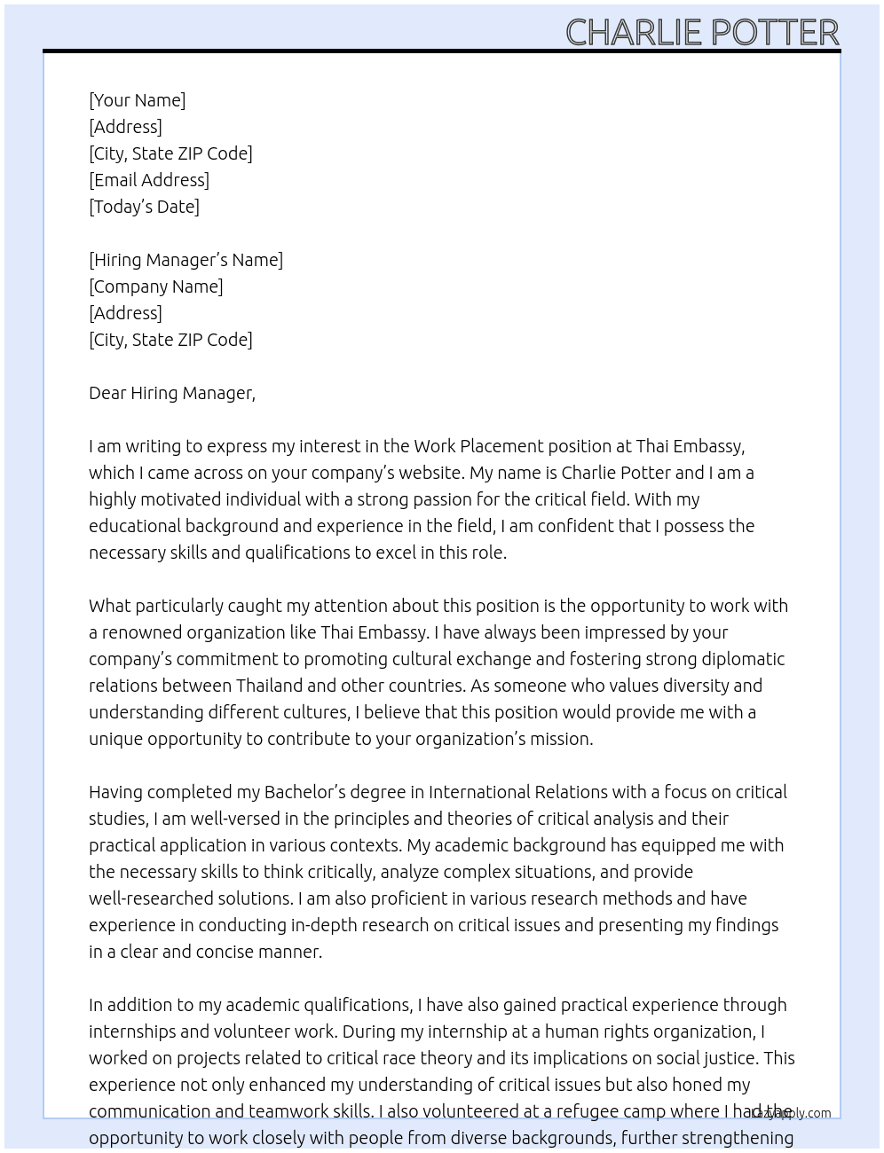 work placement At Thai Embassy Cover Letter