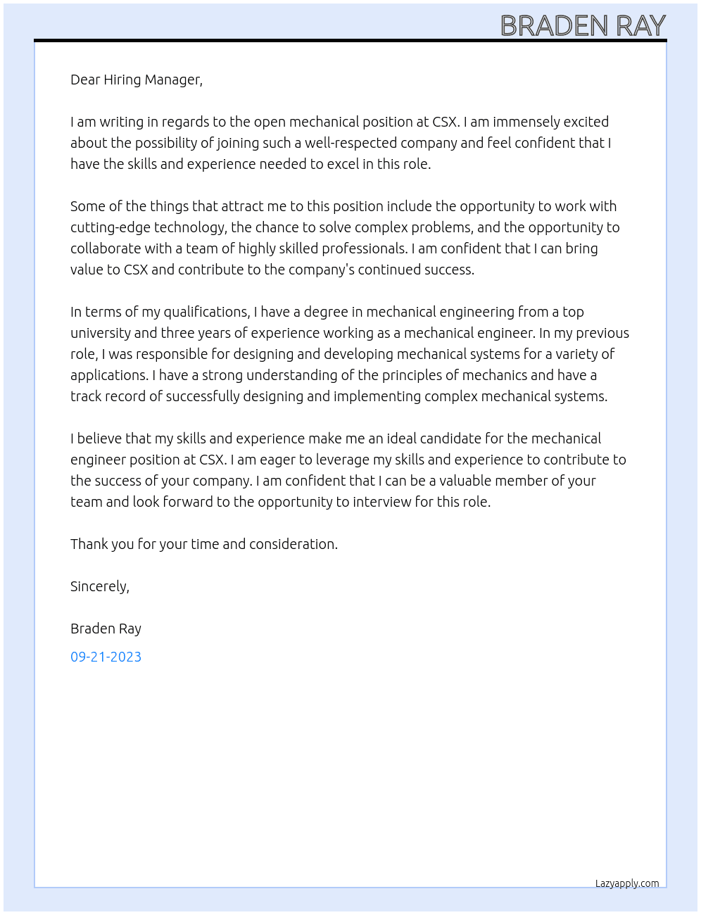 Mechanical At CSX Cover Letter