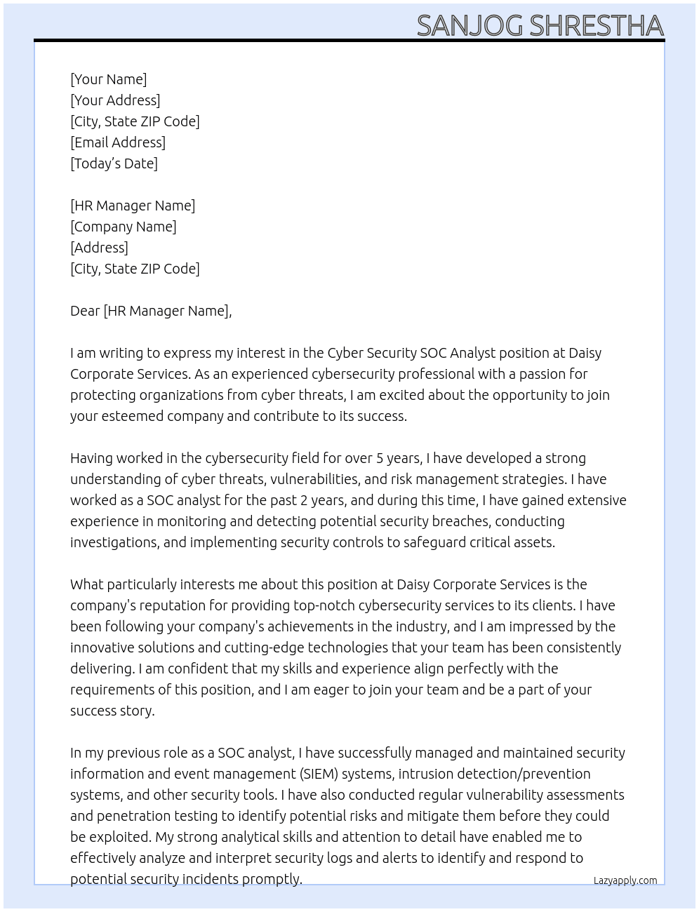 Cyber Security SOC Analyst At Daisy Corporate Services Cover Letter