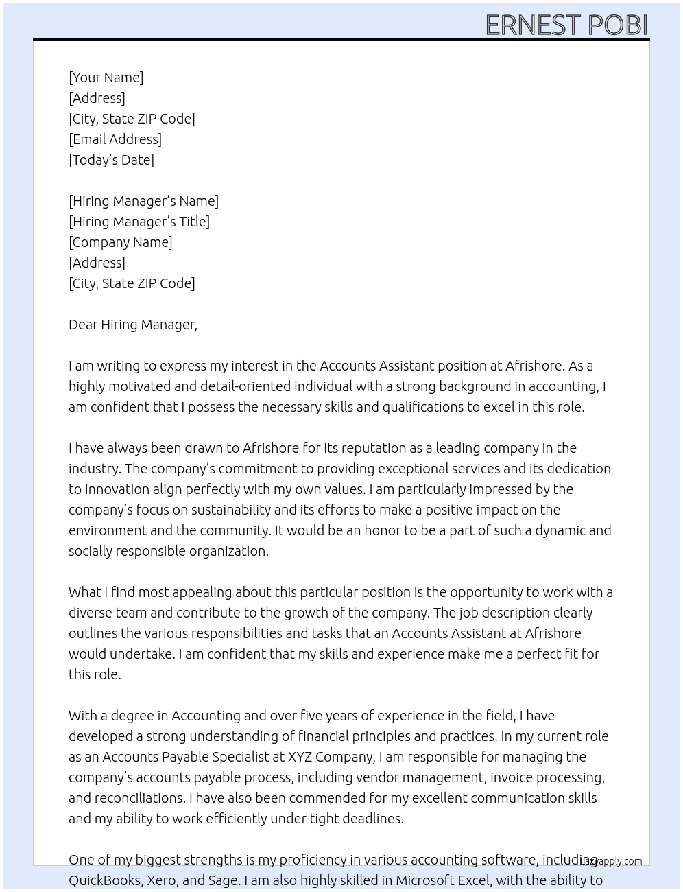 Accounts Assistant  At Afrishore Cover Letter