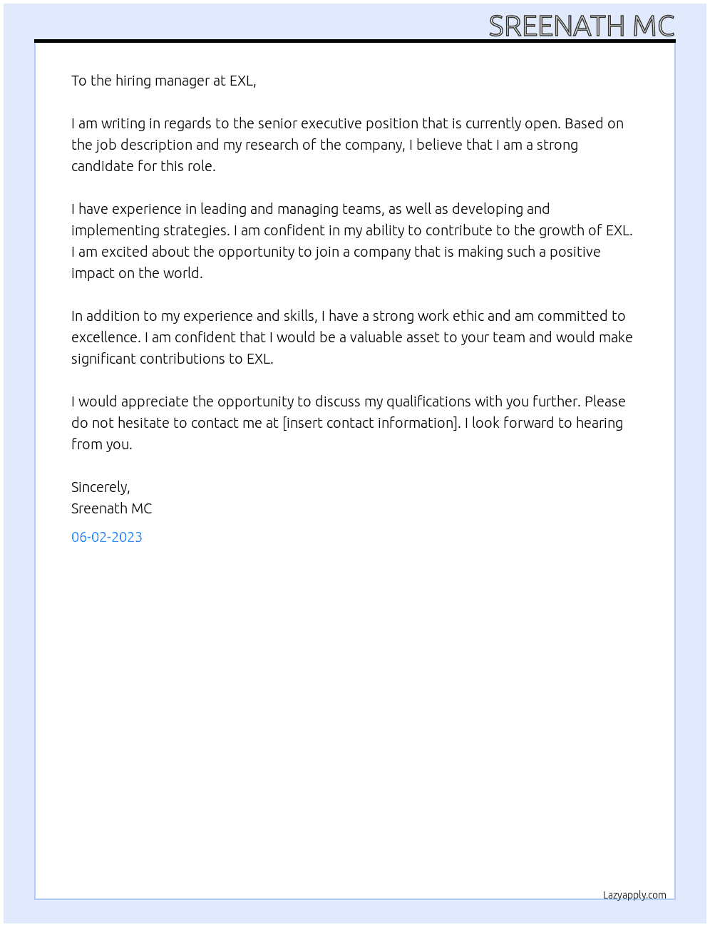 Senior executive  At EXL Cover Letter