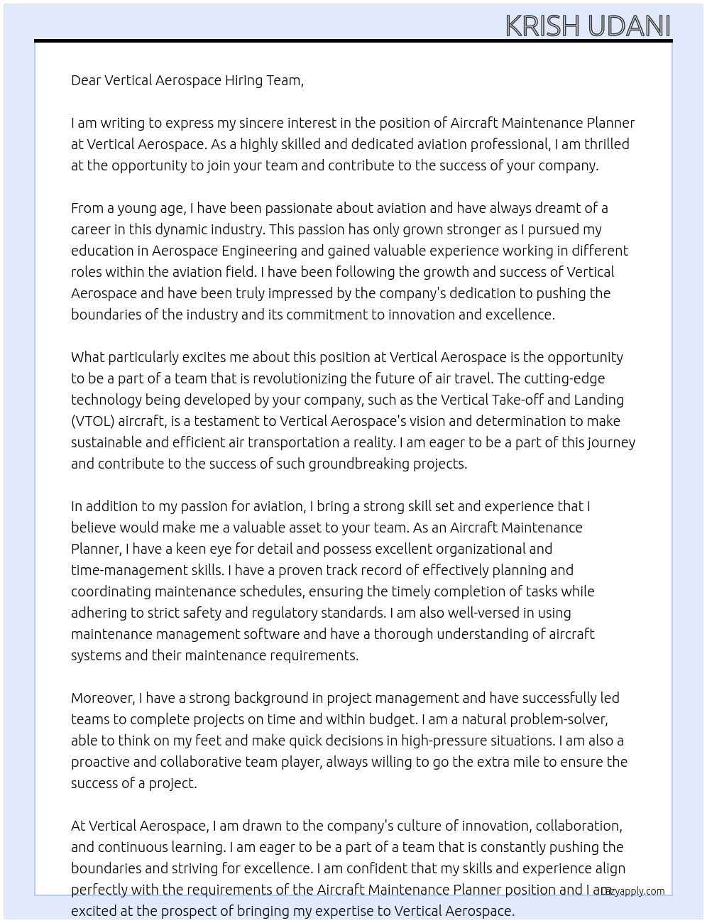 Aircraft Maintenance Planner At Vertical Aerospace Cover Letter
