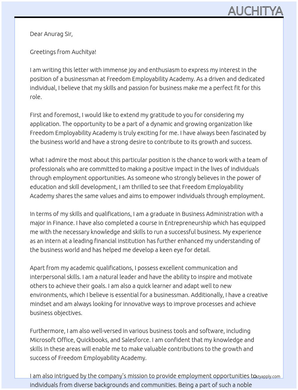 bussinessman At Freedom Employability Academy Cover Letter