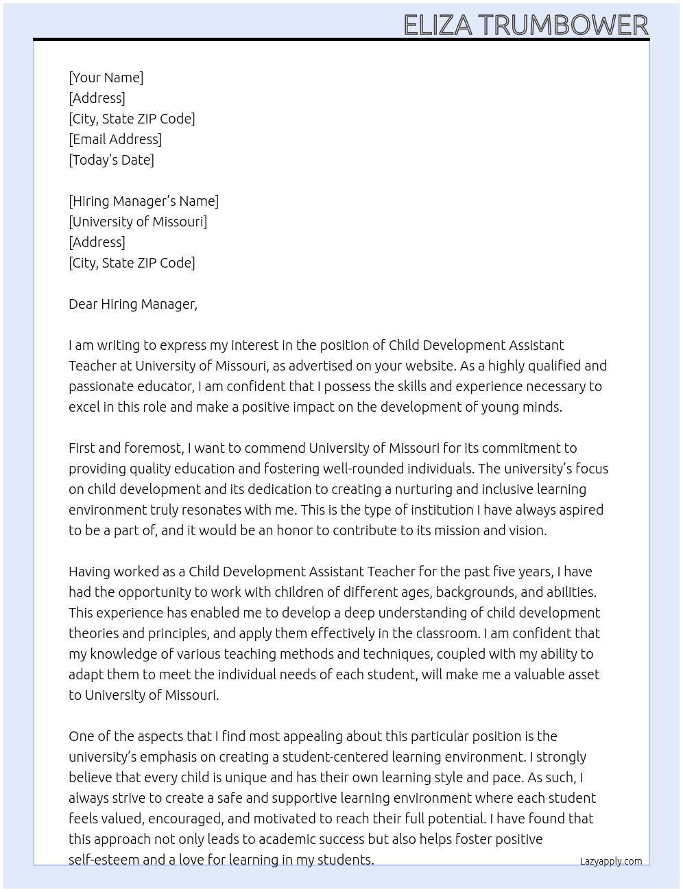 Child Development Assistant Teacher At University of Missouri Cover Letter