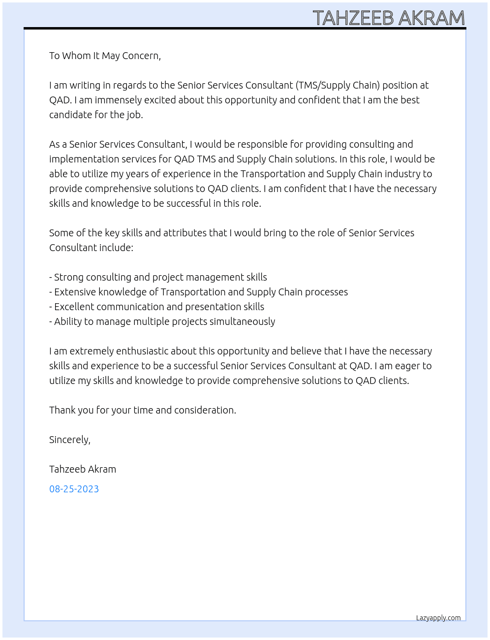Senior Services Consultant (TMS/Supply Chain) At QAD Cover Letter
