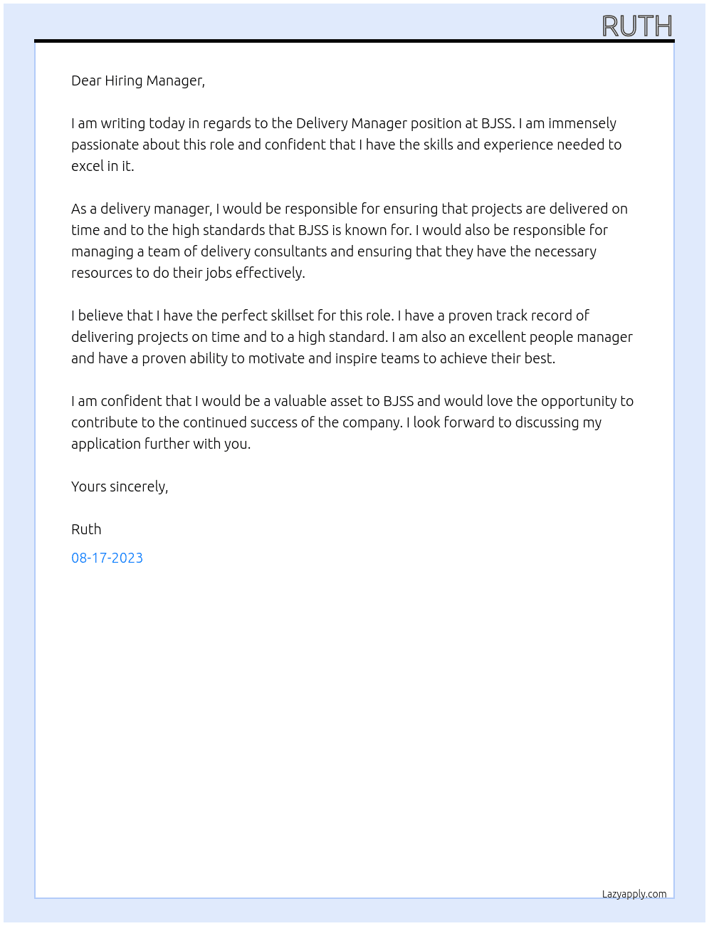 Delivery Manager At BJSS Cover Letter