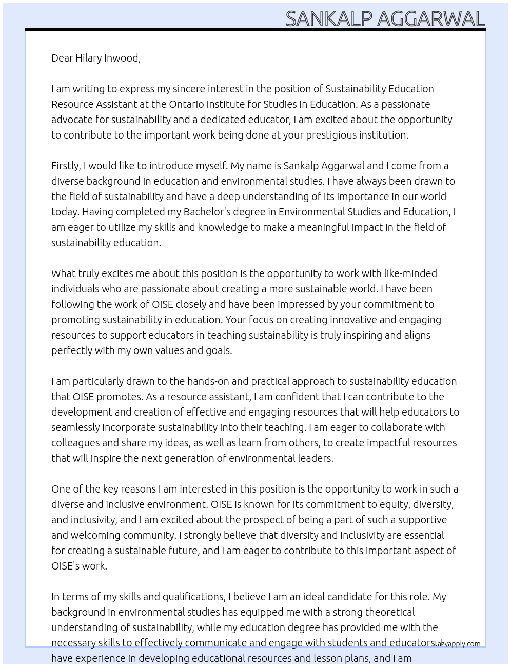 Sustainability Education Resource Assistant At Ontario Institute for Studies in Education Cover Letter