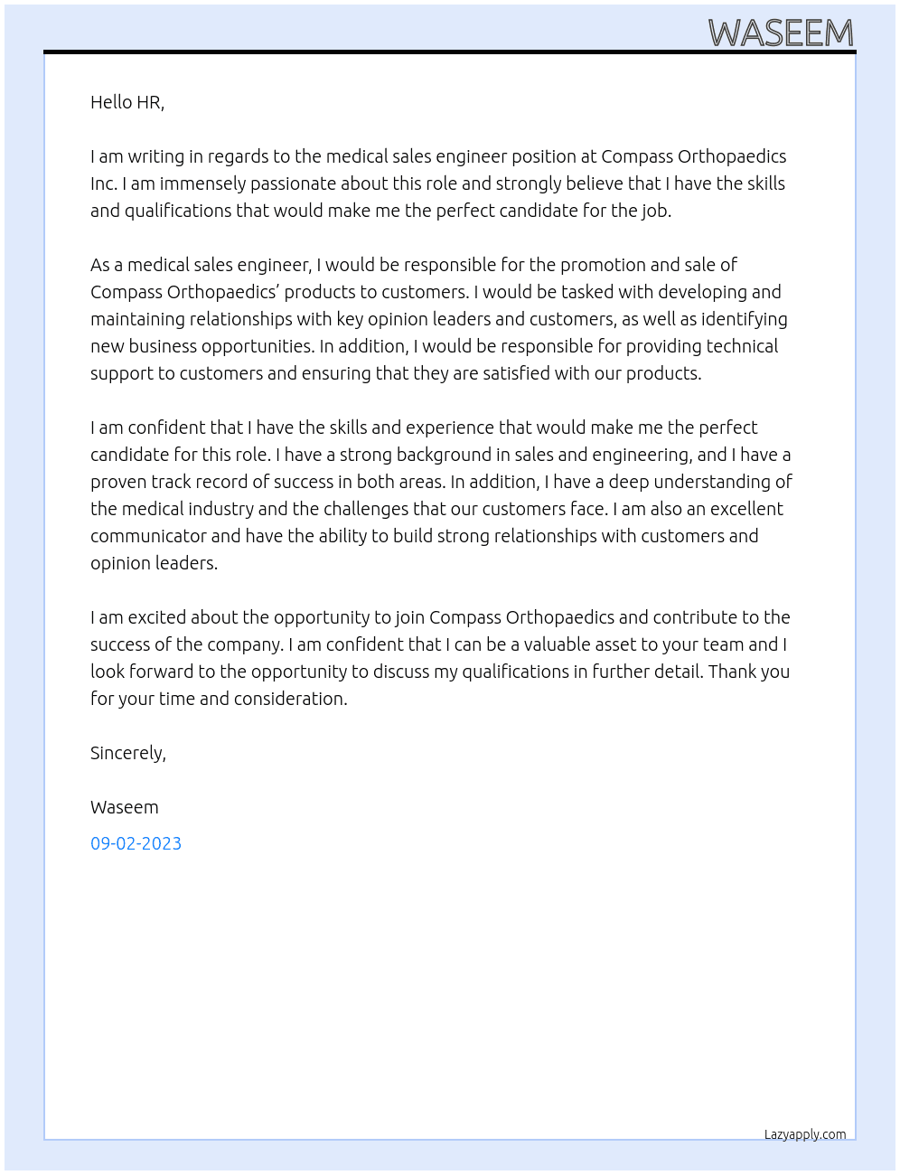 medical sales engineer At Compass Orthopaedics Inc. Cover Letter