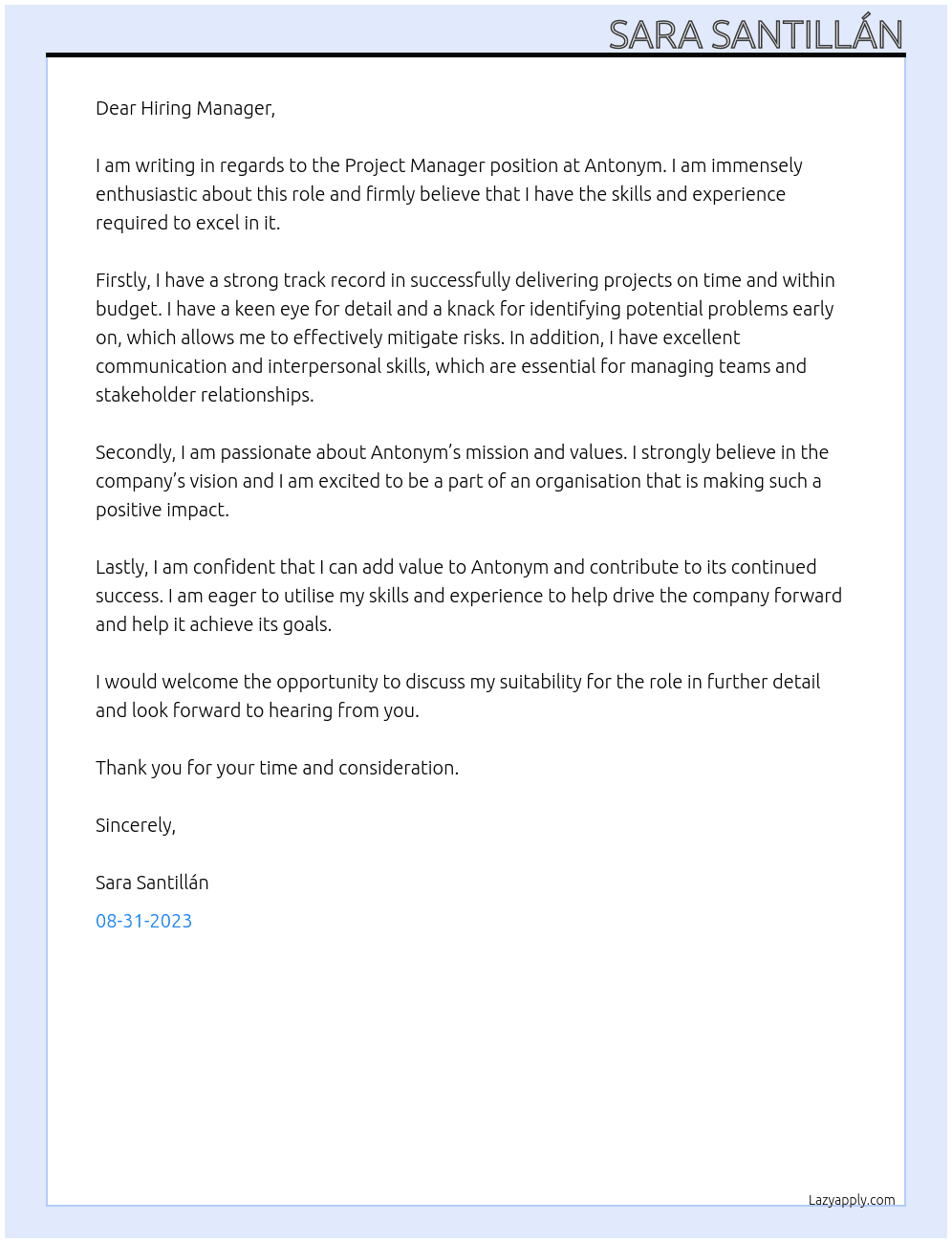 Project Manager At Antonym Cover Letter