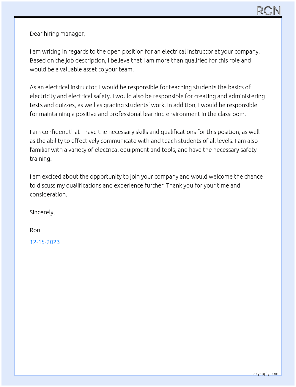 Electrical Instructor  At ton Cover Letter