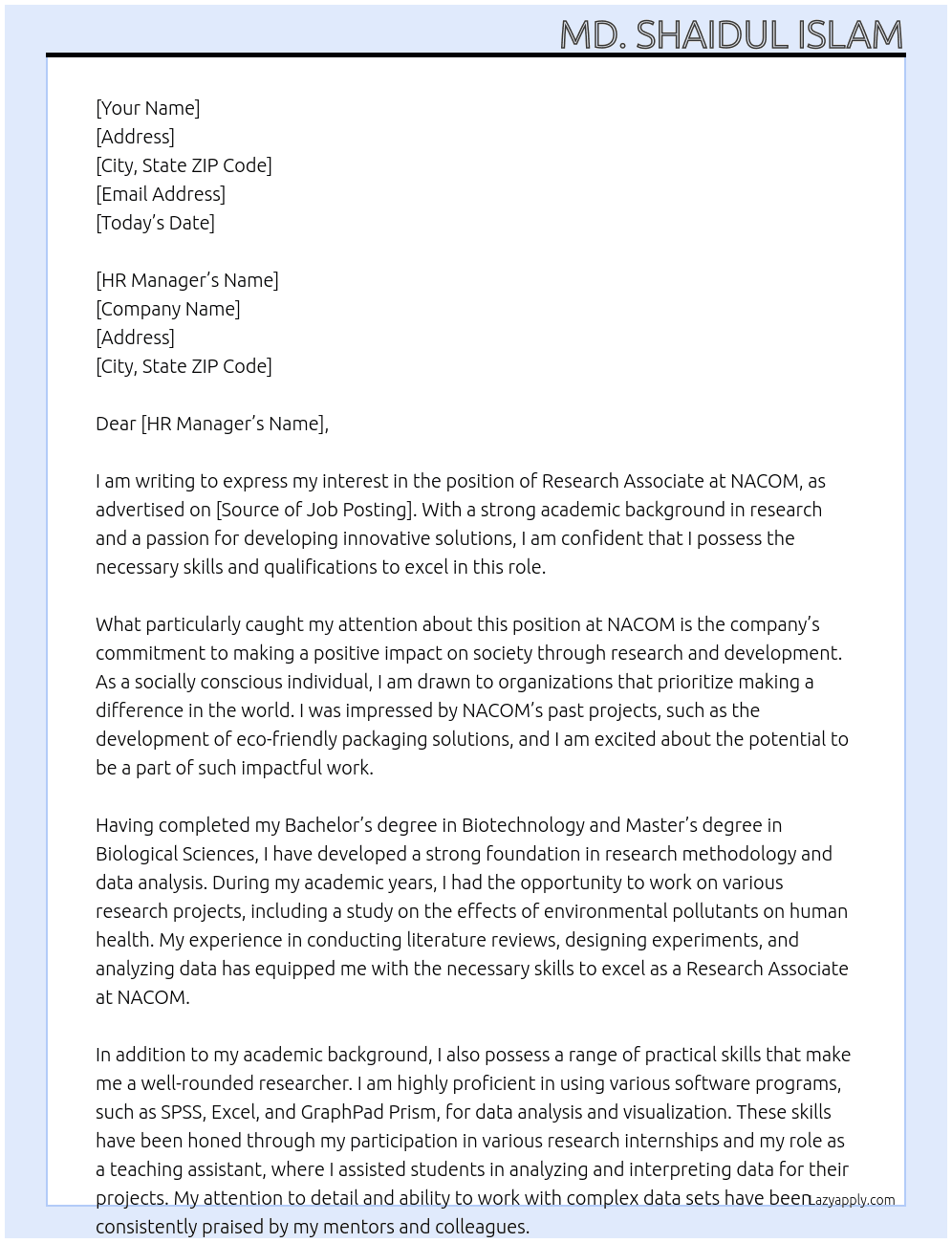 Research Associate At NACOM Cover Letter