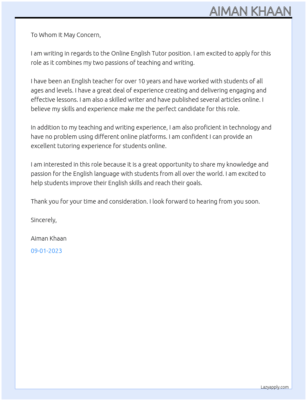 Online English Tutor At Online job Cover Letter