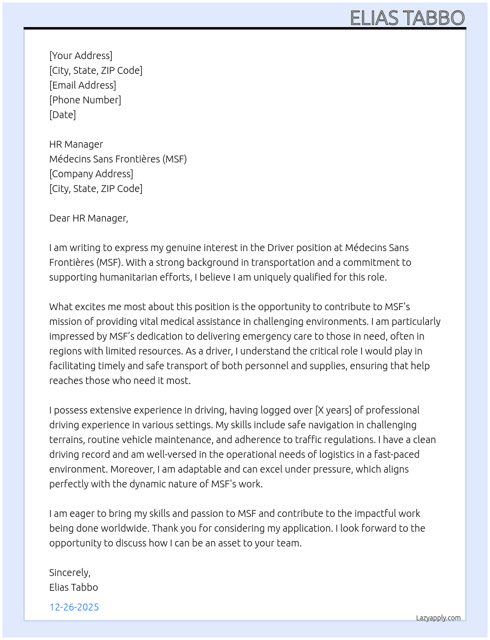 Driver At Médecins Sans Frontières (MSF) Cover Letter