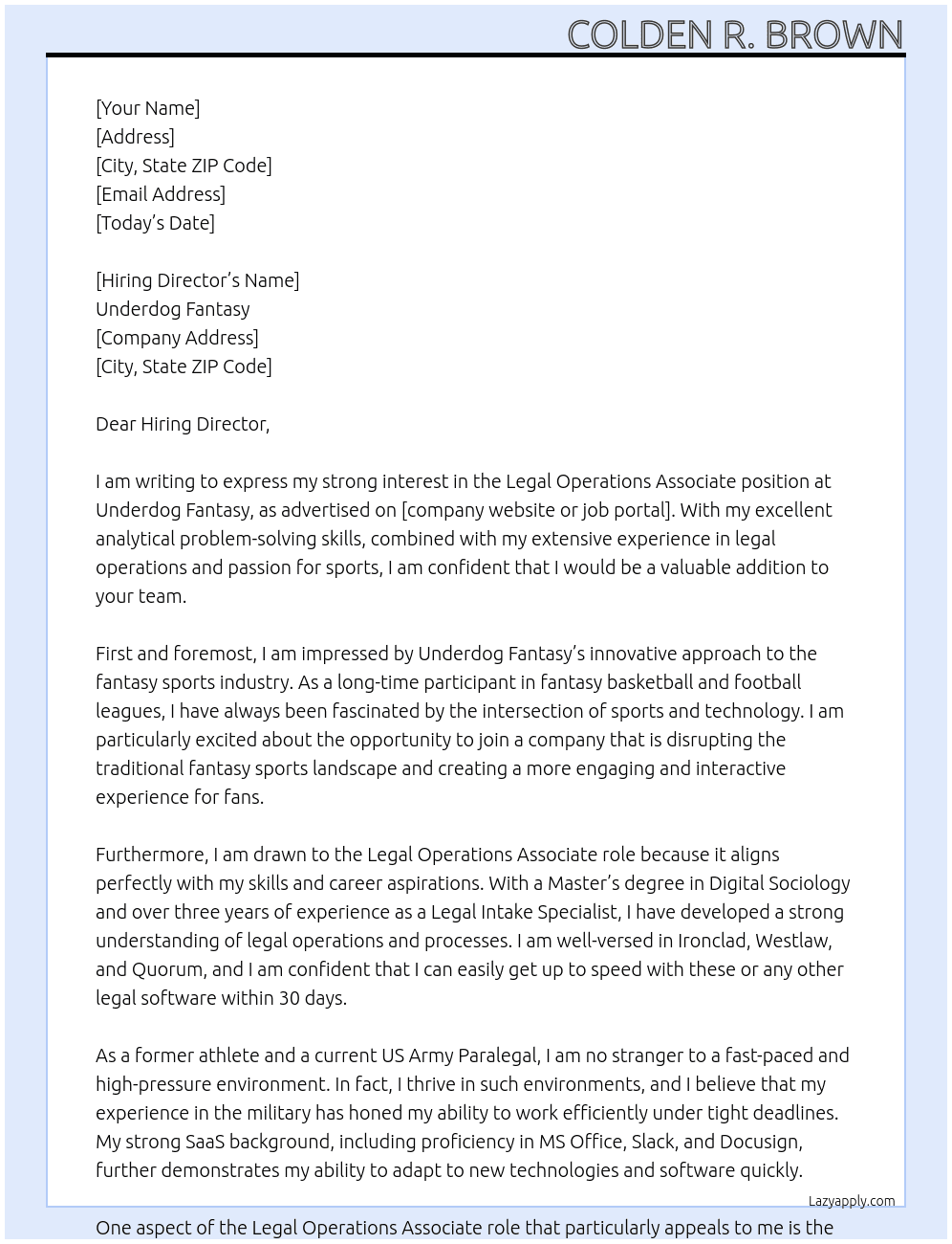 Legal Operations Associate At Underdog Fantasy  Cover Letter