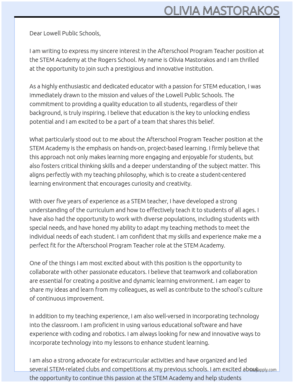 Afterschool program teacher At STEM Academy at the Rogers School, Lowell Public Schools Cover Letter