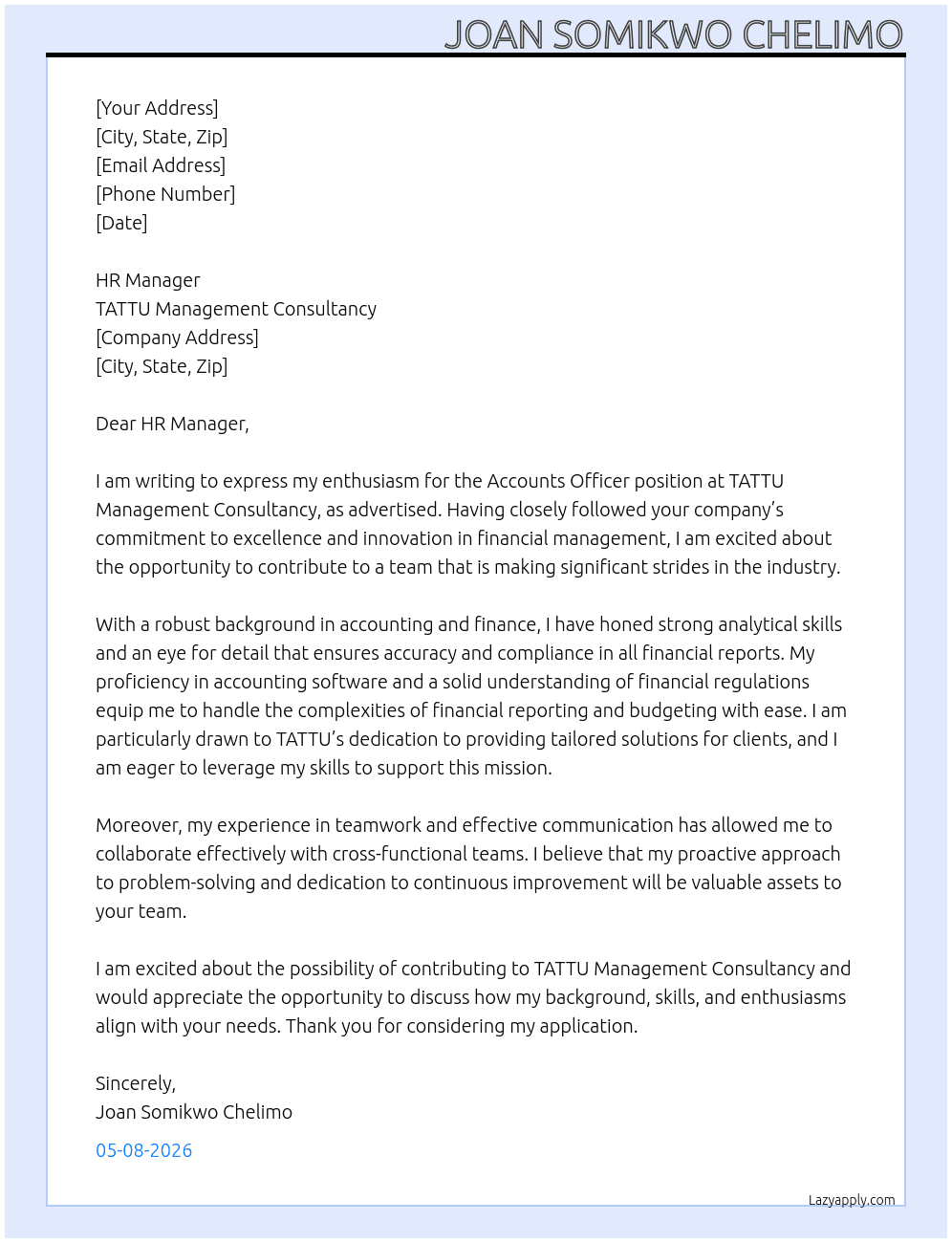 accounts officer At TATTU Management Consultancy Cover Letter