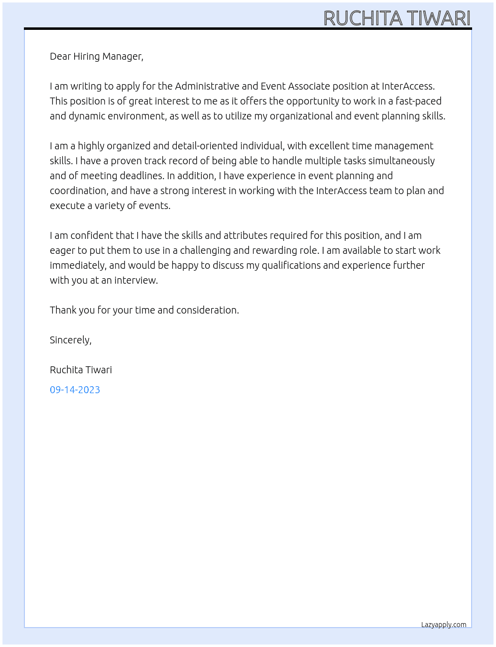 Administrative and Event Associate At InterAccess Cover Letter