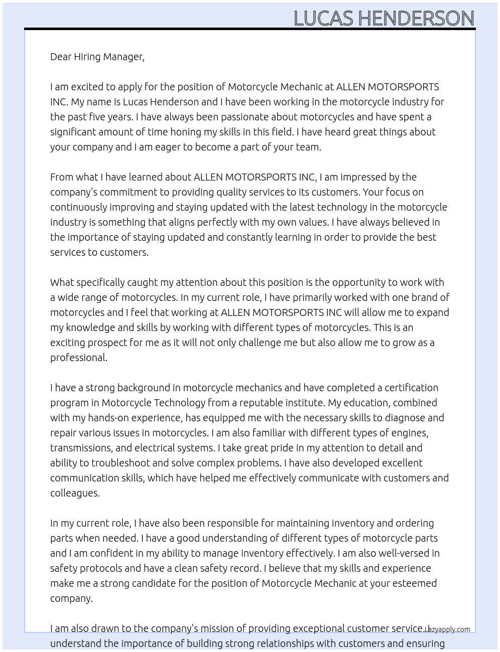 Motorcycle Mechanic At ALLEN MOTORSPORTS INC Cover Letter
