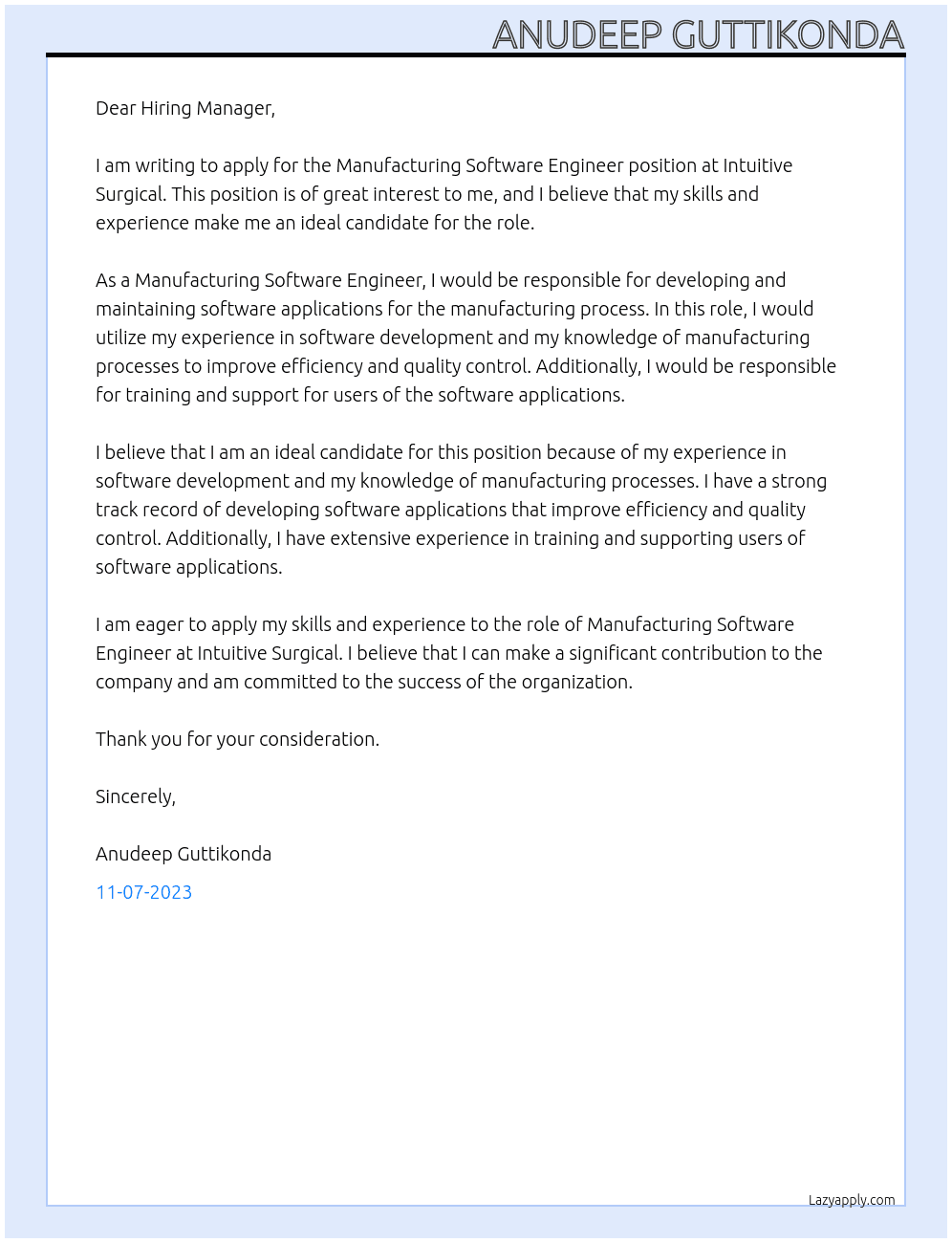 Manufacturing Software Engineer At Intuitive Surgical Cover Letter