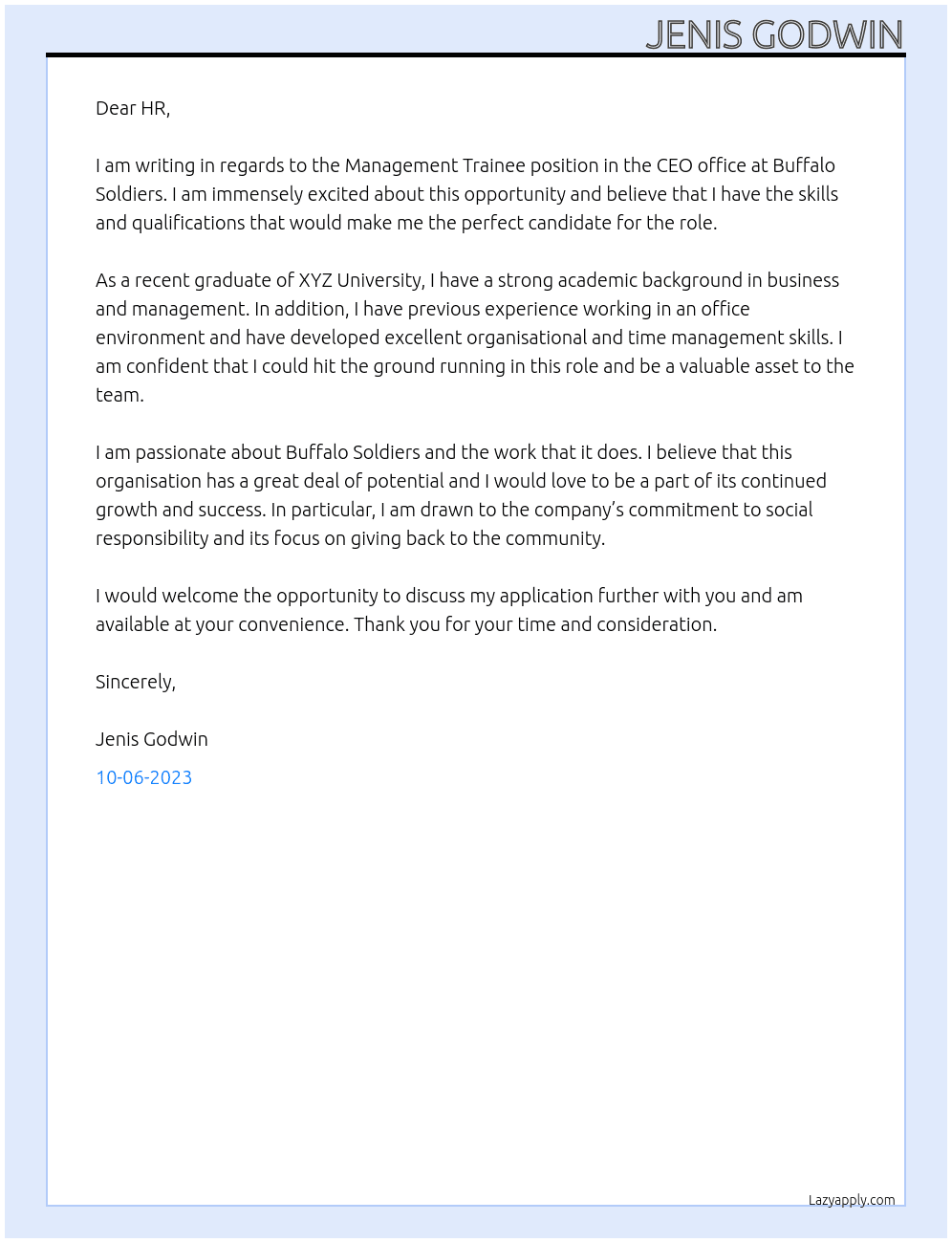 Management Trainee - CEO office At Buffalo Soldiers Cover Letter