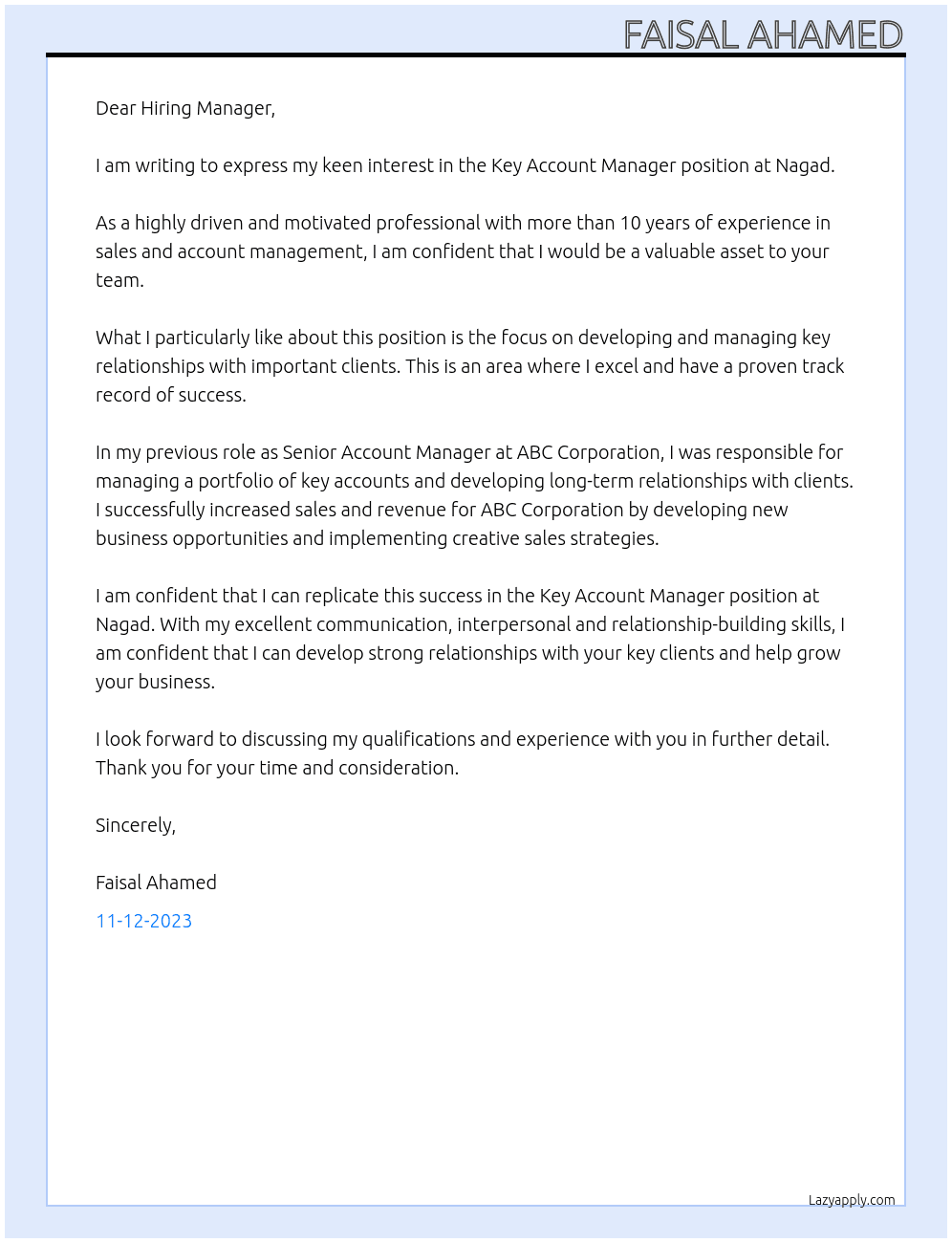Key Account Manager At Nagad Cover Letter