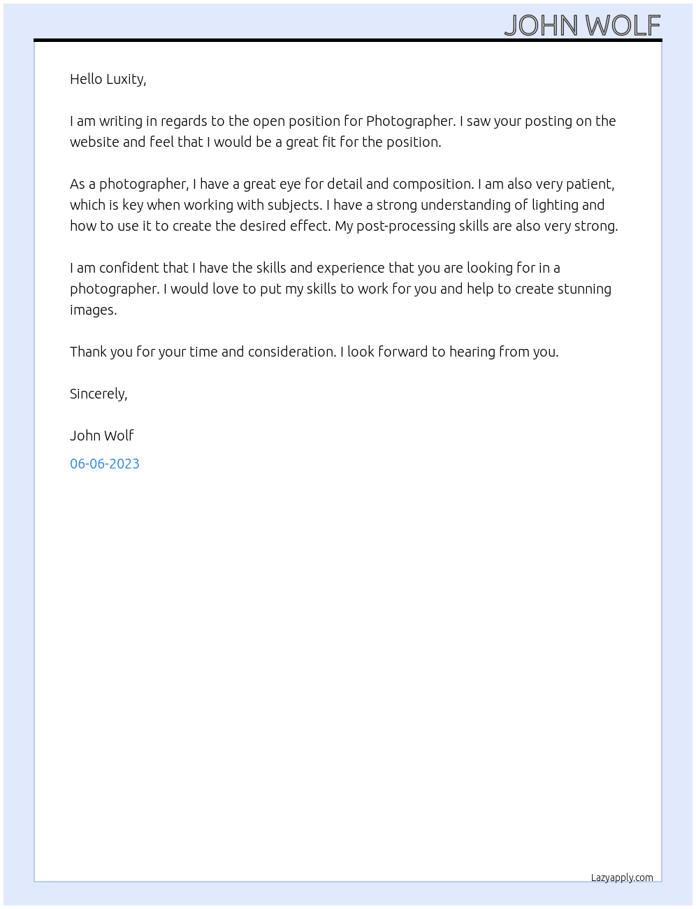 Photographer At Luxity Cover Letter