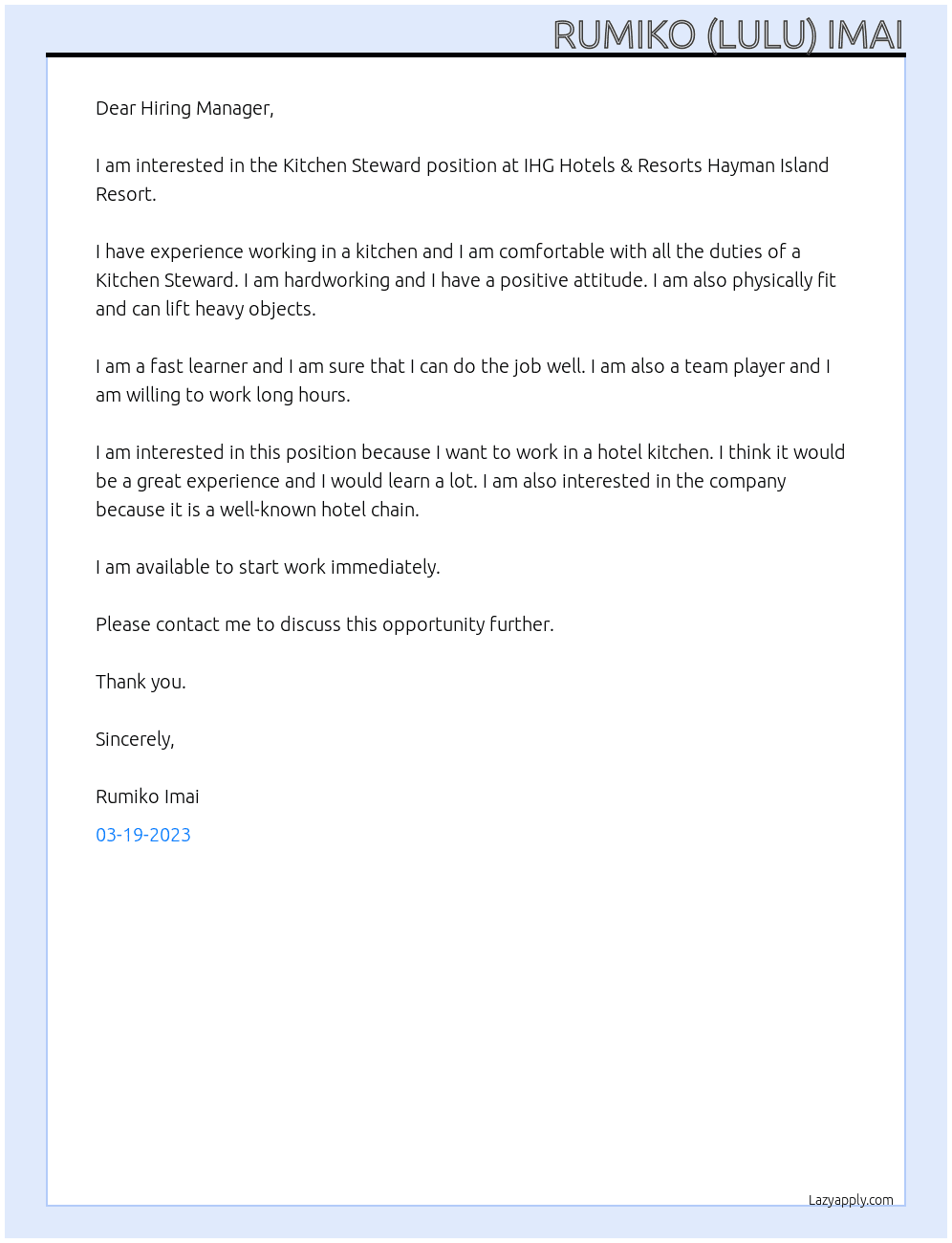 Kitchen Steward At IHG Hotels & Resorts Hayman Island Resort Cover Letter