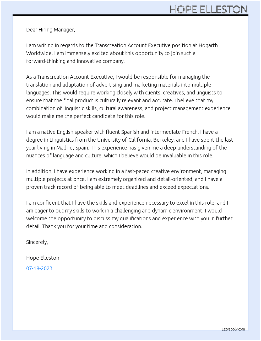 Transcreation account executiive At Hogarth Worldwide Cover Letter