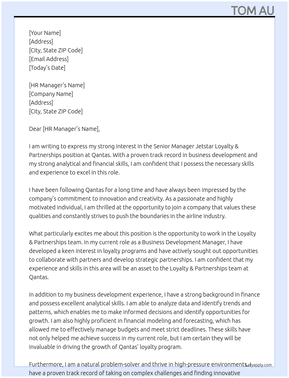 Senior Manager Jetstar Loyalty & Partnerships At Qantas Cover Letter