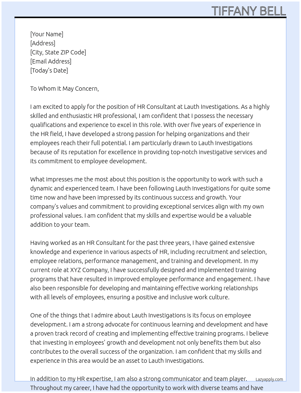 HR Consultant At Lauth Investigations Cover Letter
