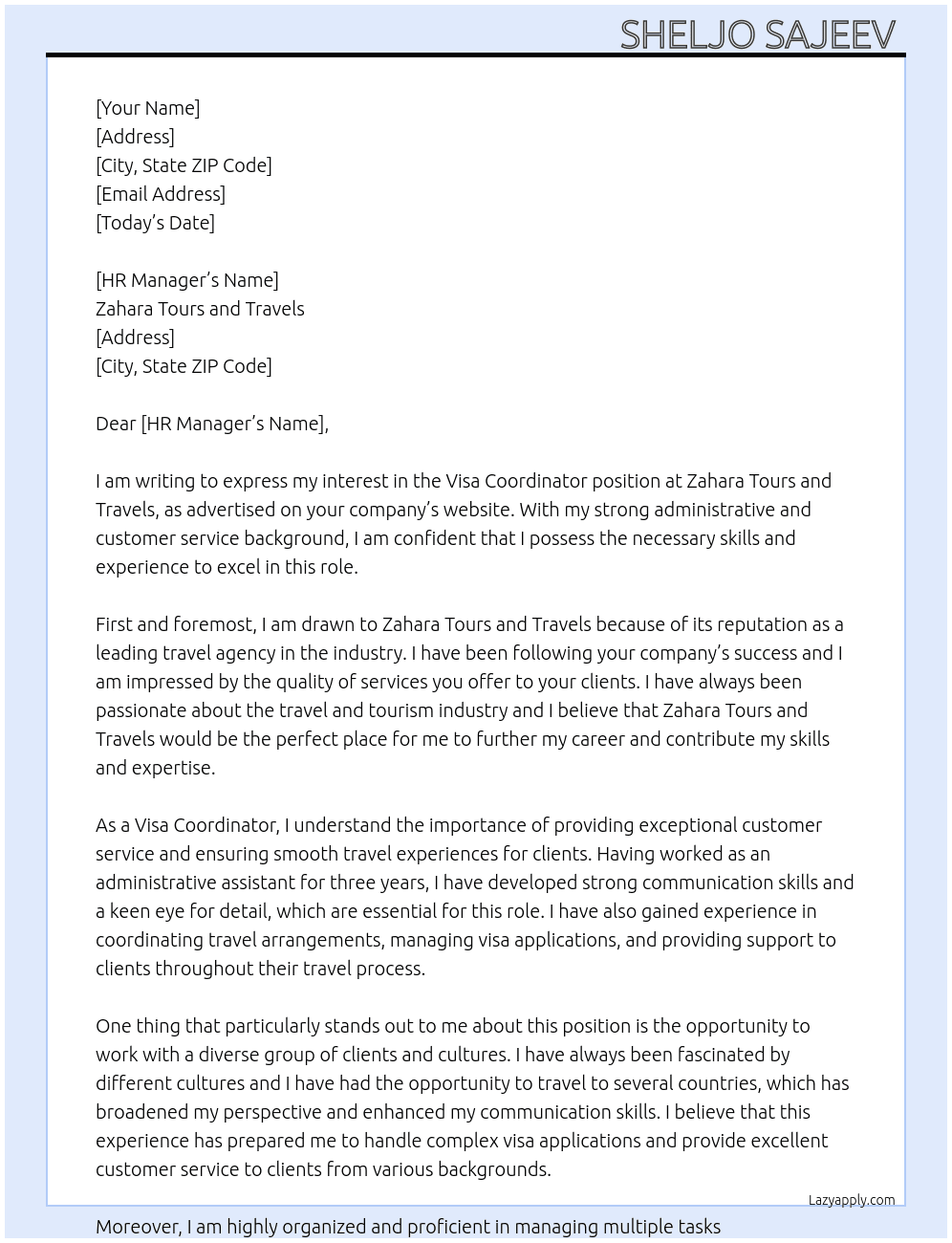 Visa coordinator  At Zahara Tours and Travels  Cover Letter