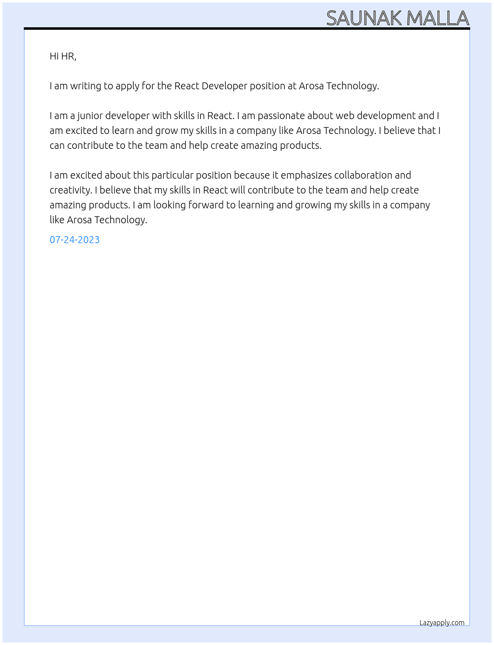 React  At Arosa Technology Cover Letter