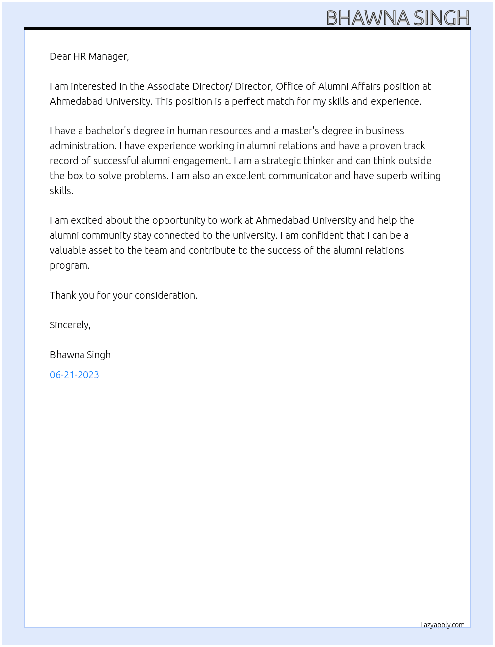Associate Director/ Director, Office of Alumni Affairs At Ahmedabad University Cover Letter