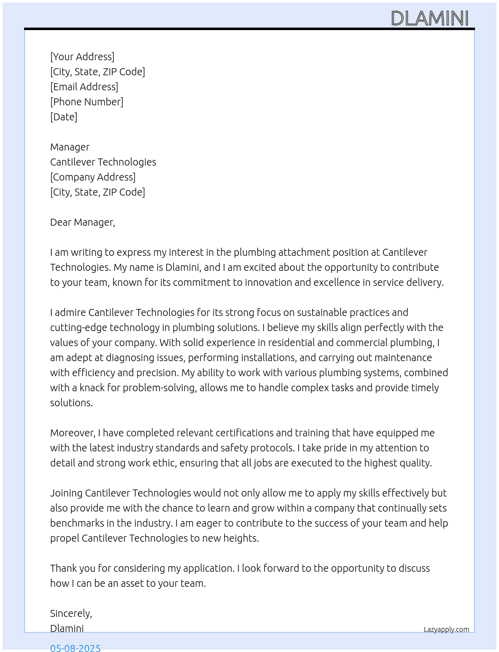 Attachment as a plumber At Cantilever technologies Cover Letter