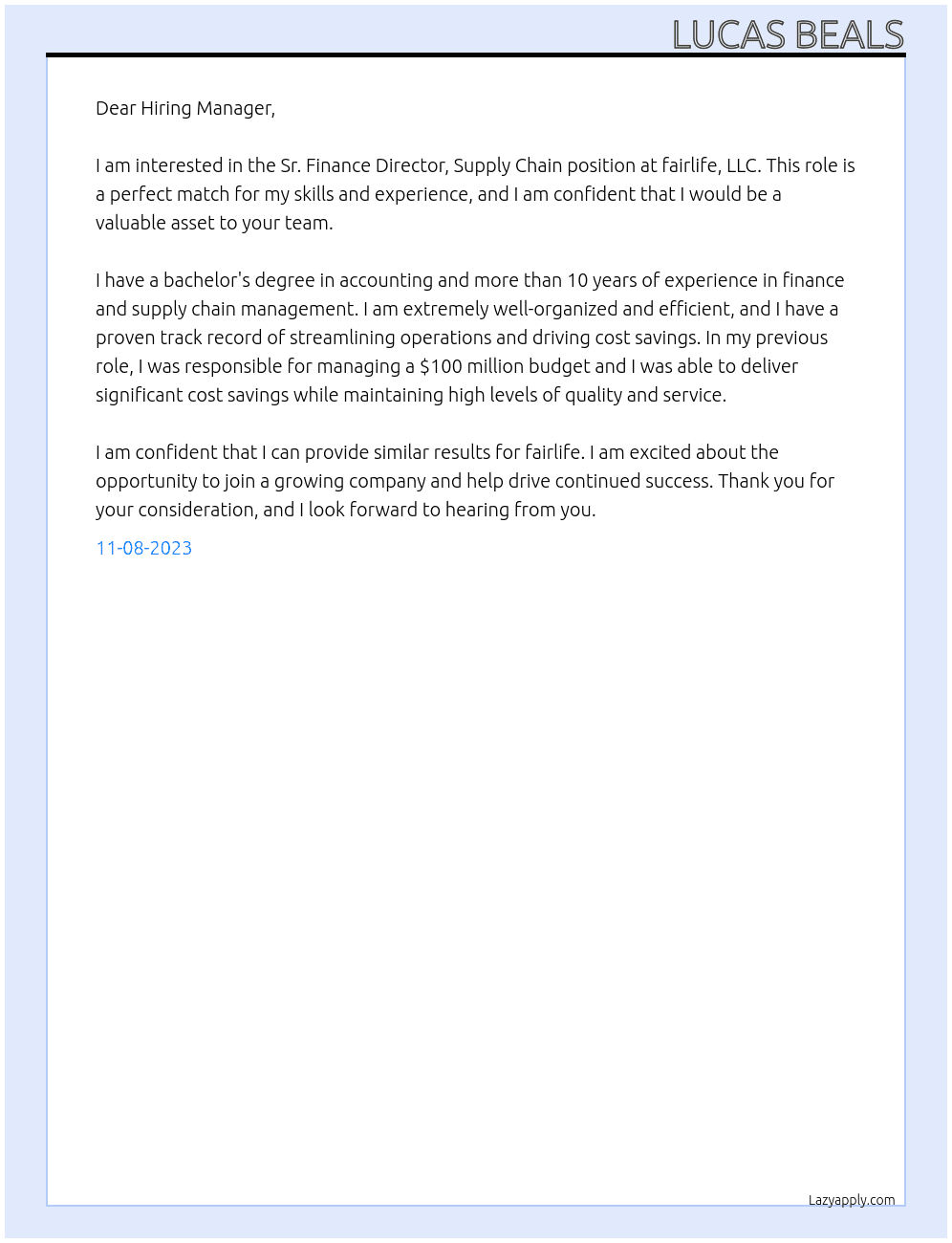 Sr. Finance Director, Supply Chain At fairlife, LLC Cover Letter
