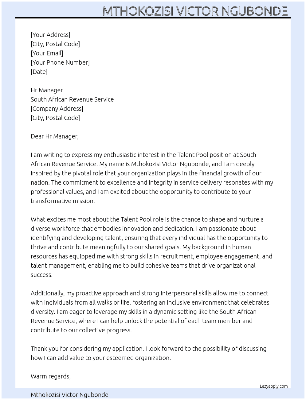 Talent pool At South African Revenue Service  Cover Letter