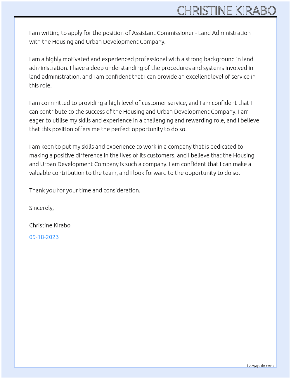 ASSITANT COMMISSIONER -LAND ADMINISTRATION At HOUSING AND URBAN DEVELOPMENT Cover Letter