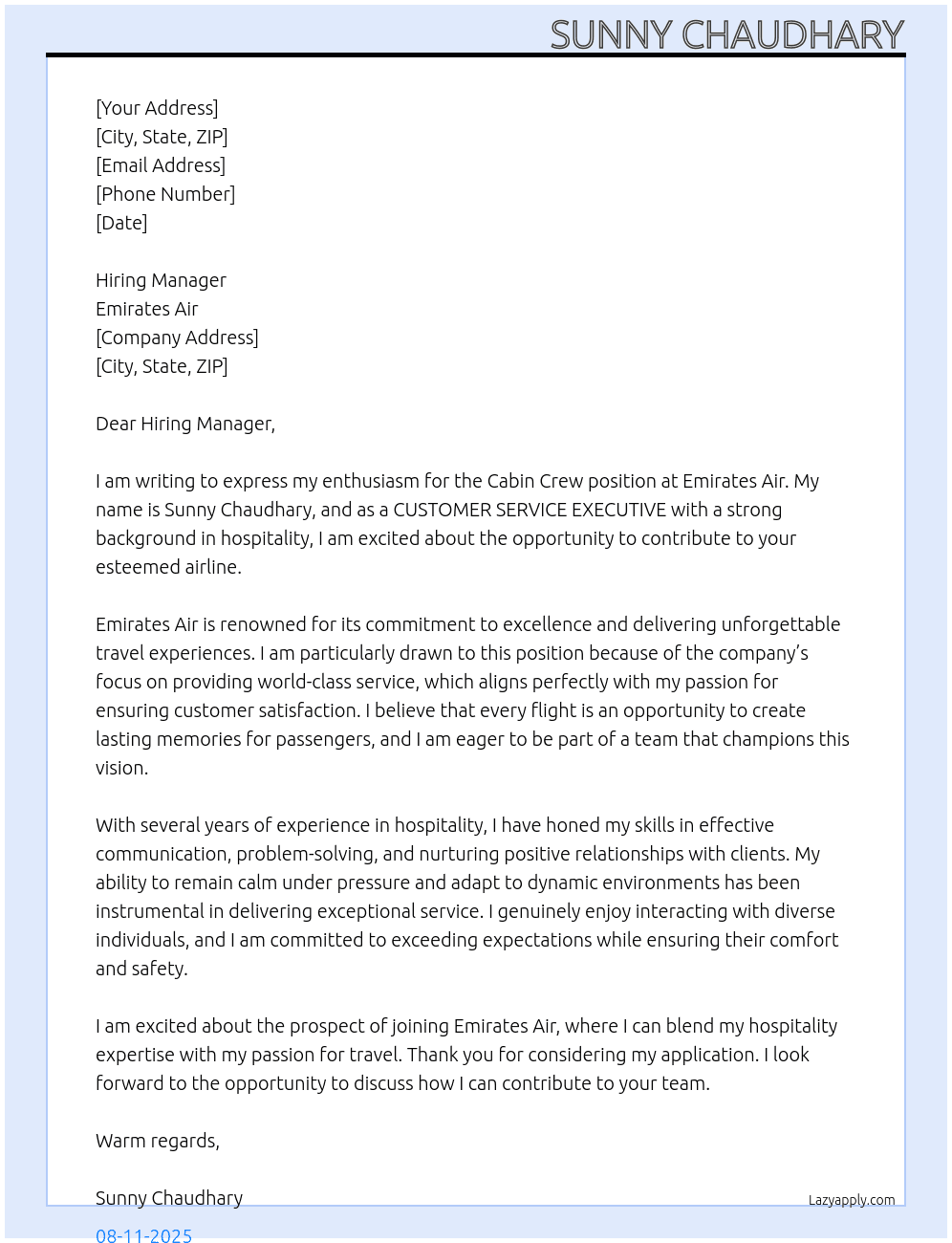 CABIN CREW At EMIRATES AIR Cover Letter