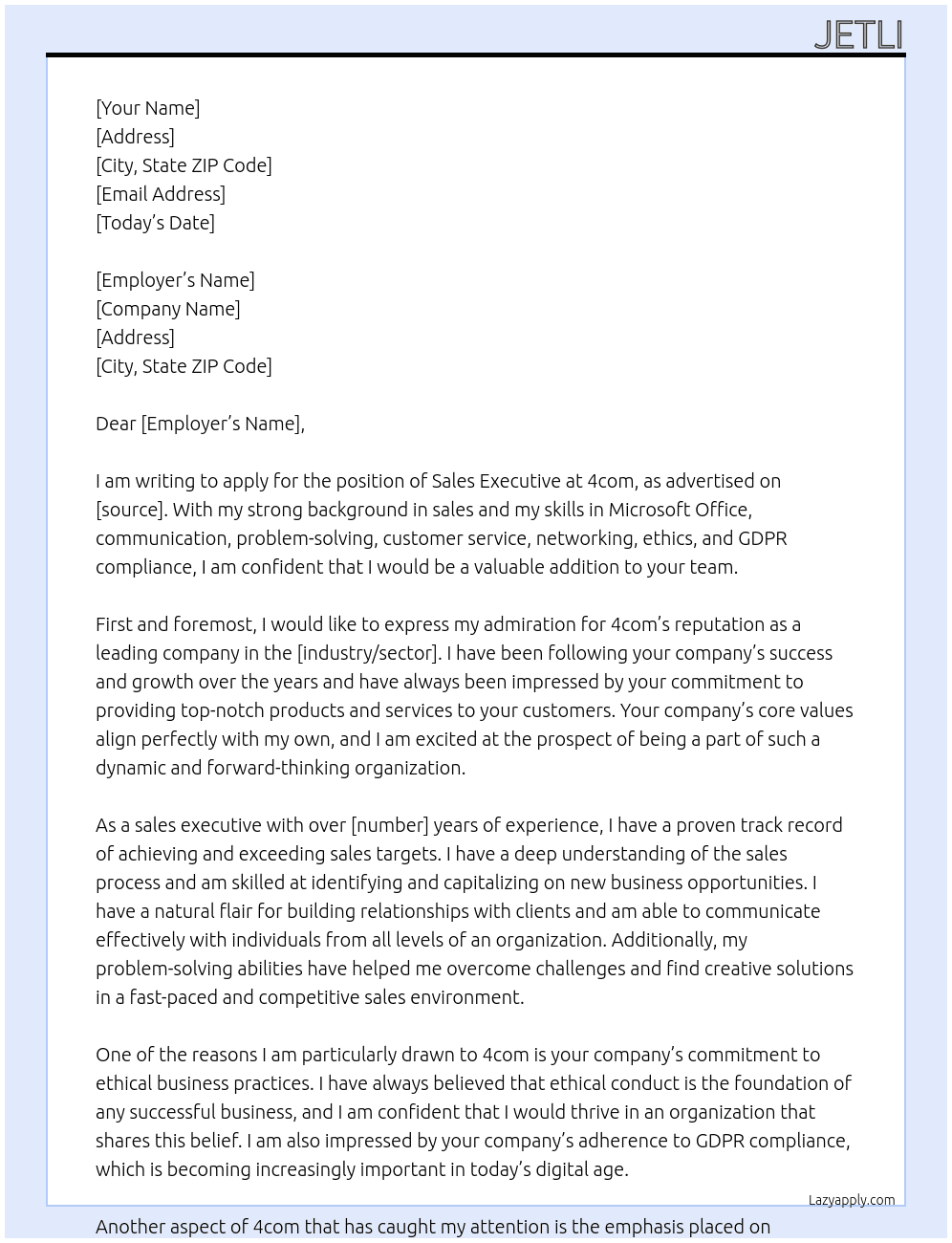 Sales executive At 4com Cover Letter