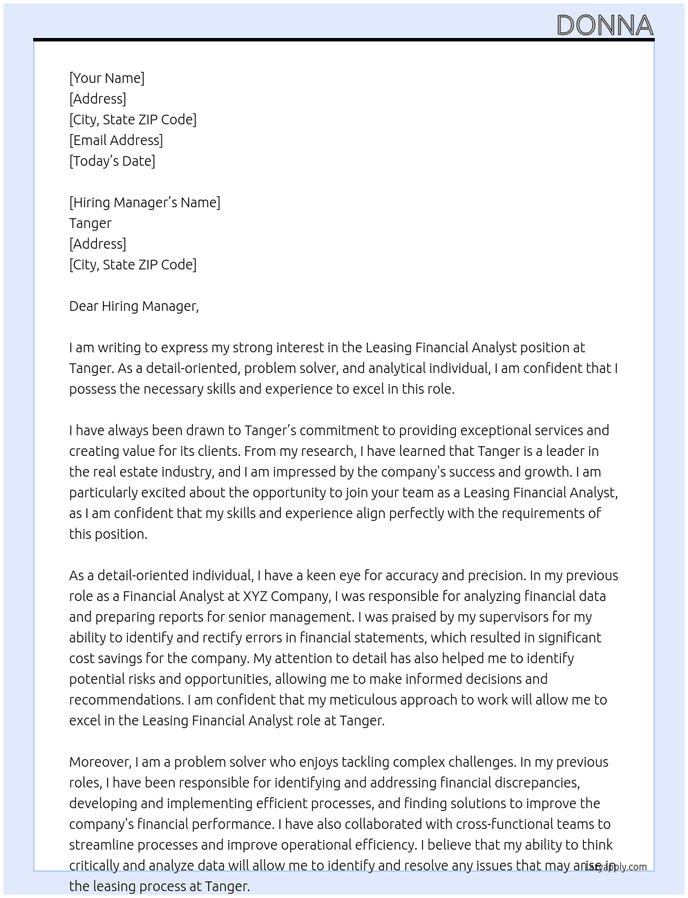 Leasing Financial Analyst At Tanger Cover Letter